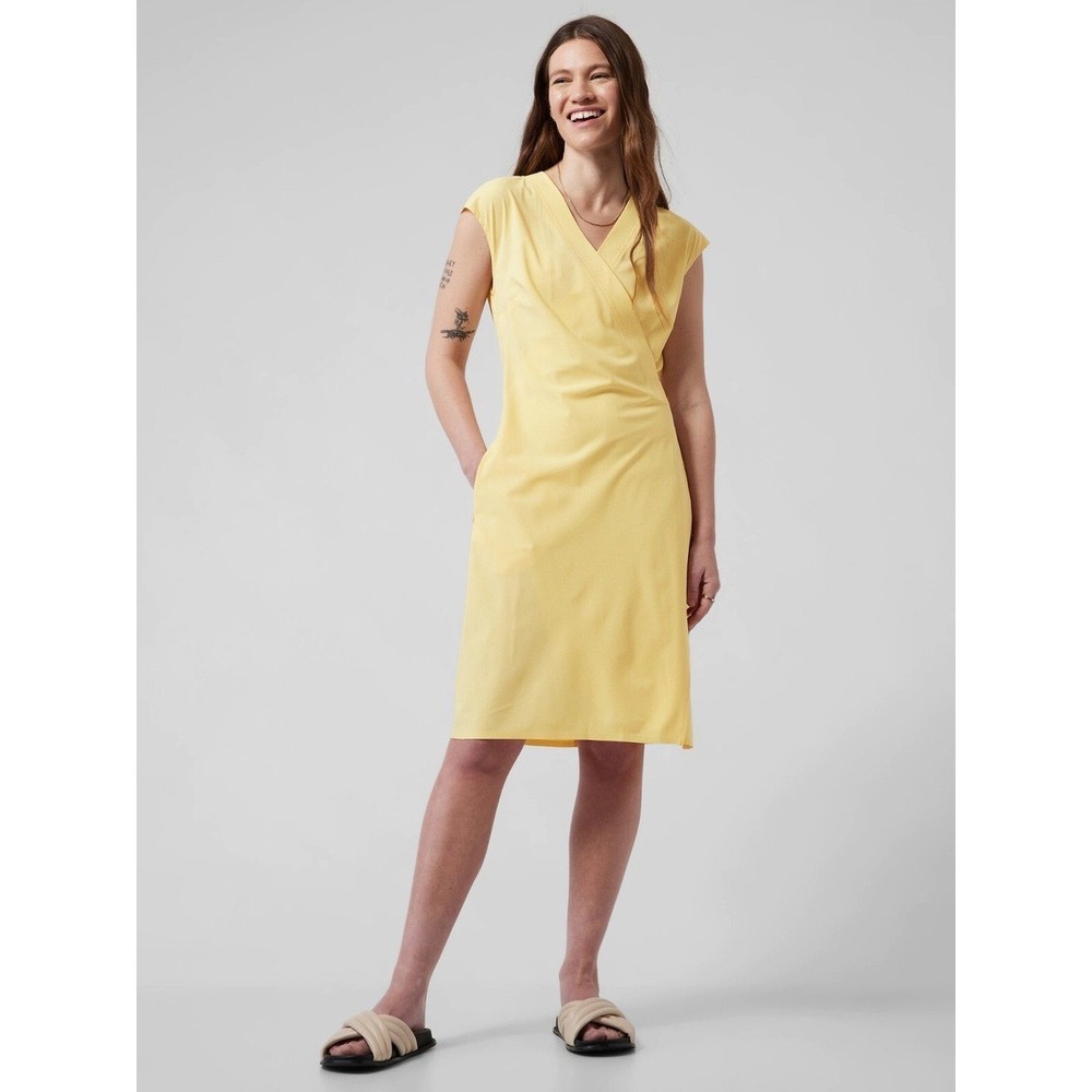 Athleta Womens Newport Wrap Dress XL Yellow Stretch Micro Stripes Athleisure
